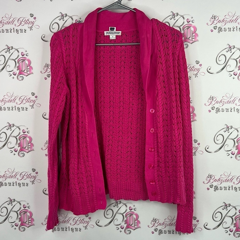 Pendleton cardigan sweater knit crochet knitted Fuchsia Cable button up top